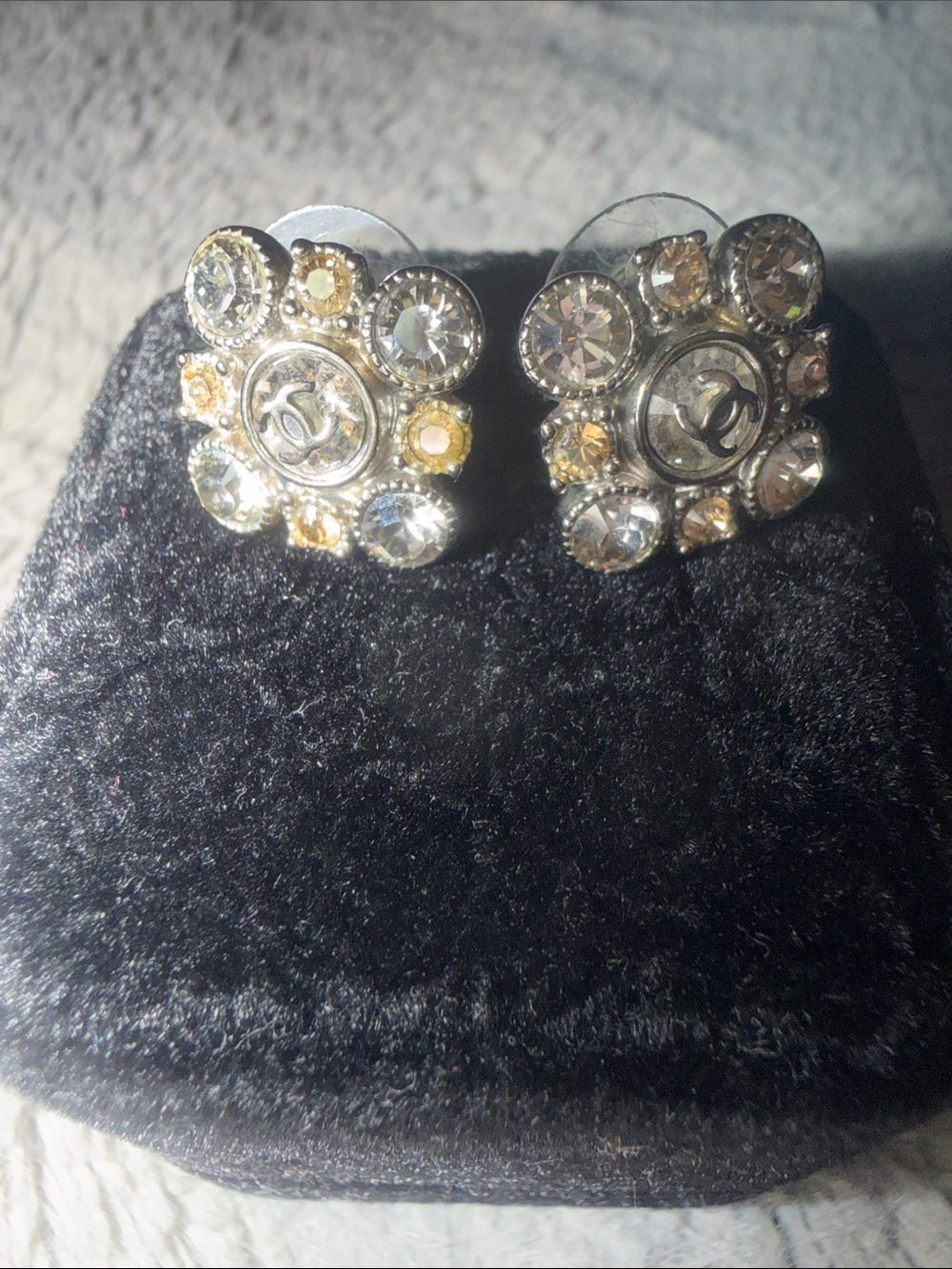 Preloved CHANEL Silver-Tone Camellia Crystal Stud Earrings with Champagne Accent